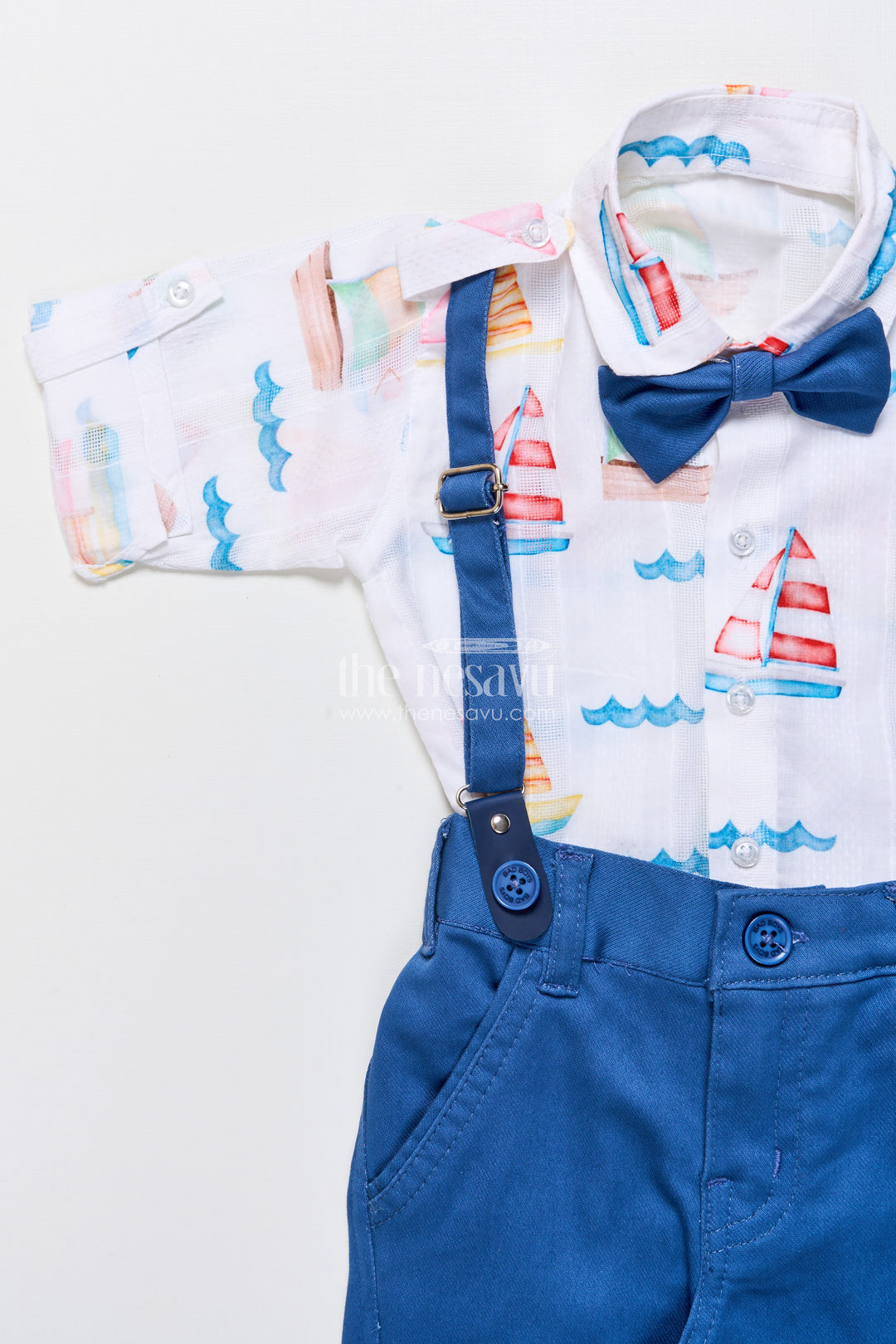 Boys printed cotton shirt and pant set with suspenders for casual events