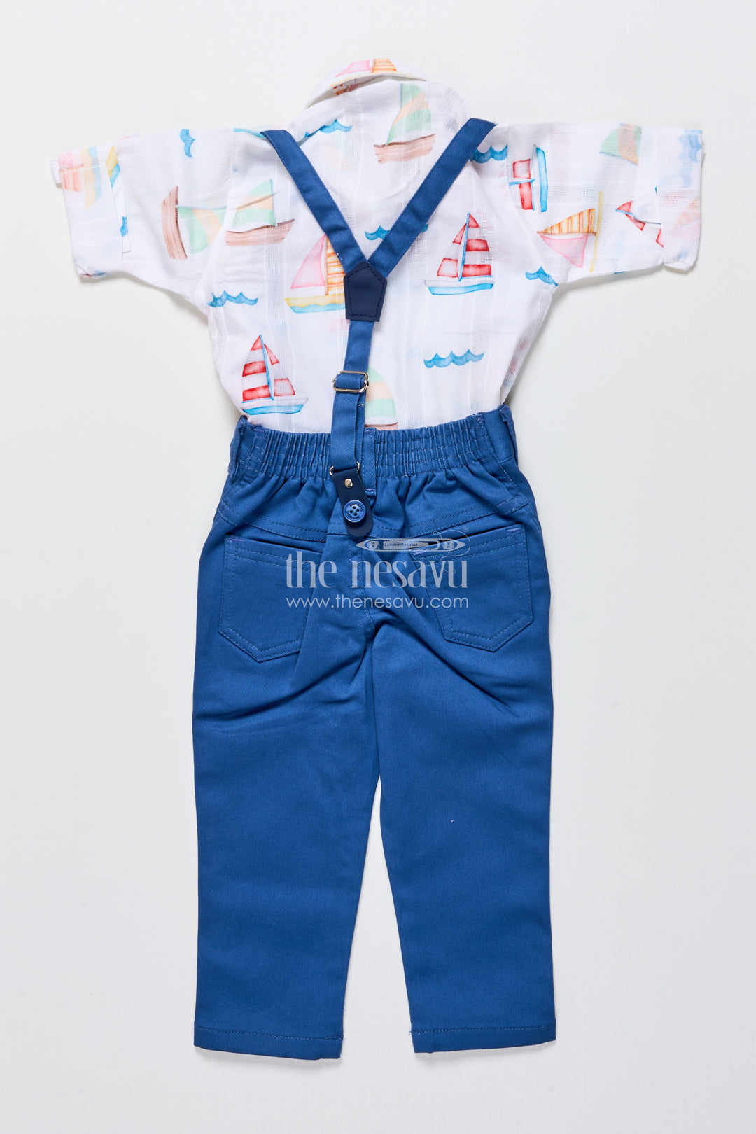 Boys printed cotton shirt and pant set with suspenders for casual events