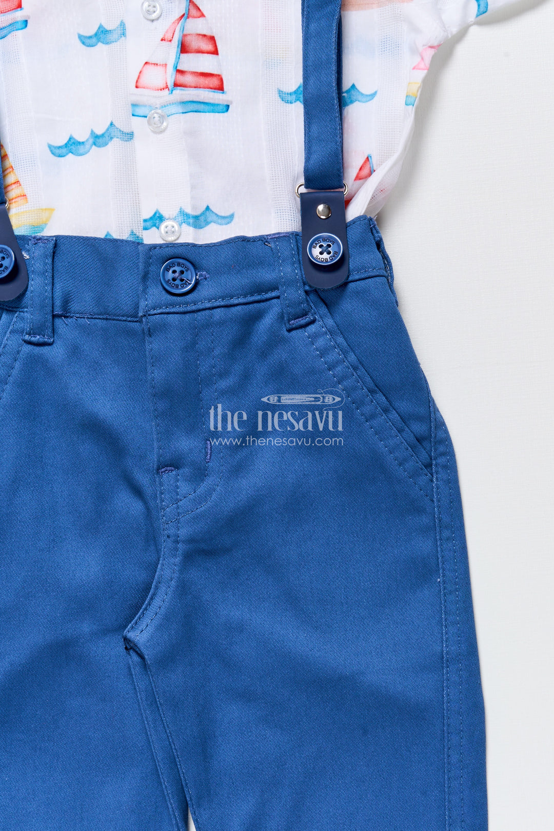Boys printed cotton shirt and pant set with suspenders for casual events