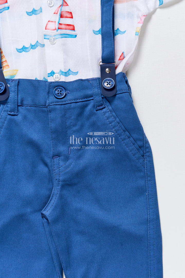 Boys printed cotton shirt and pant set with suspenders for casual events