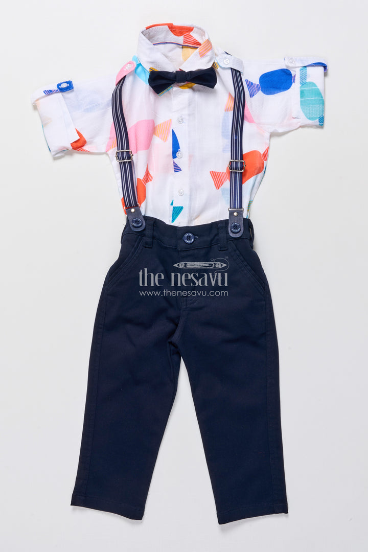 Boys playful cotton shirt and pant set with suspenders and bow tie