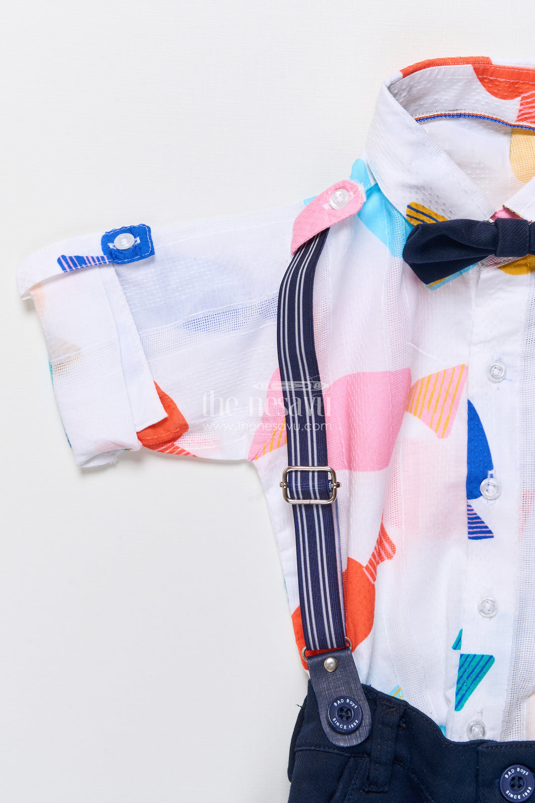 Boys playful cotton shirt and pant set with suspenders and bow tie