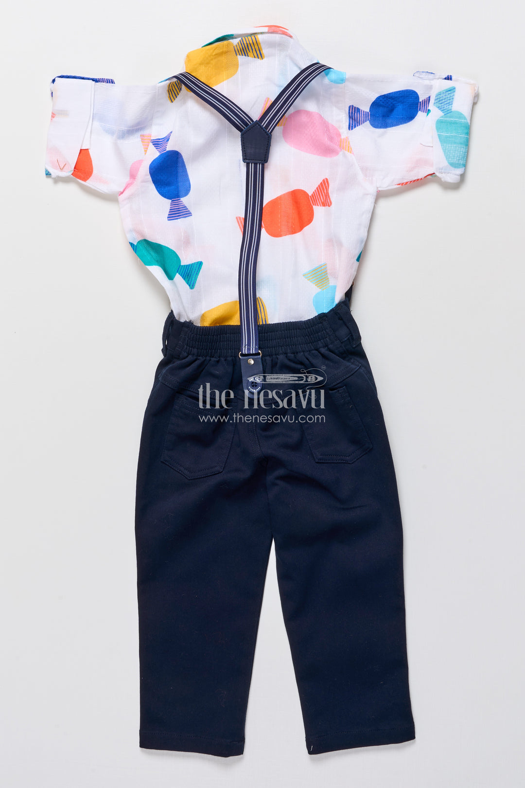 Boys playful cotton shirt and pant set with suspenders and bow tie
