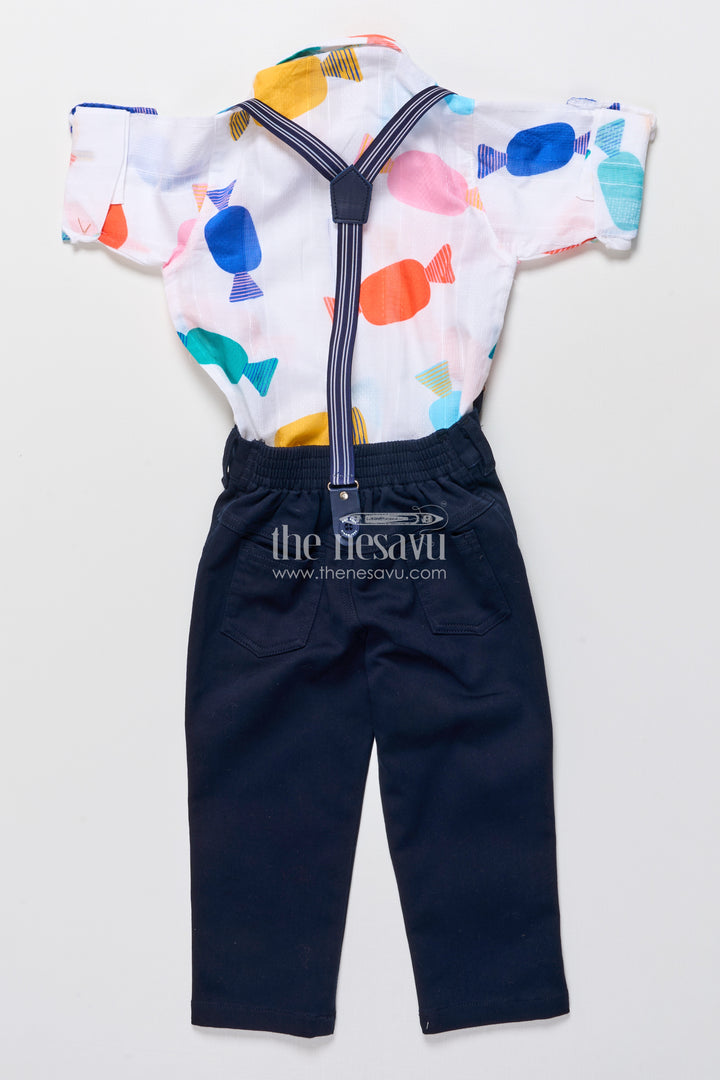 Boys playful cotton shirt and pant set with suspenders and bow tie