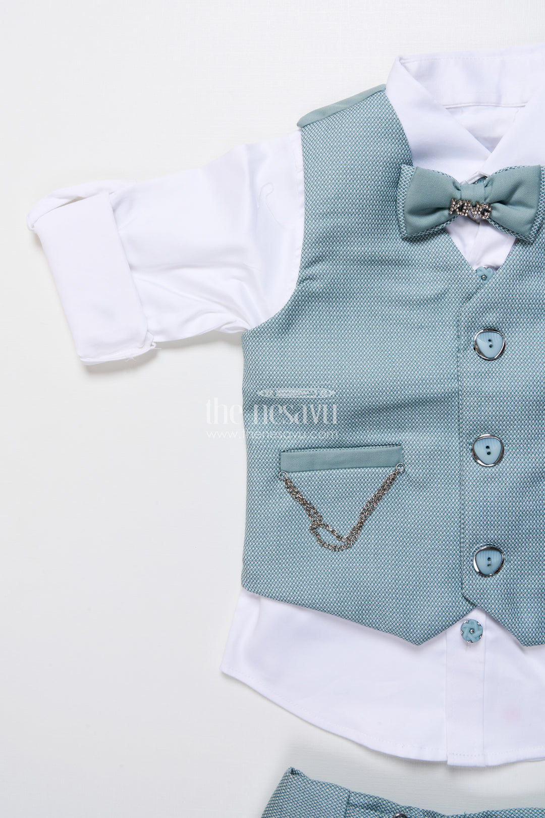 Boys formal cotton outfit with textured jacket and bow tie for special occasions
