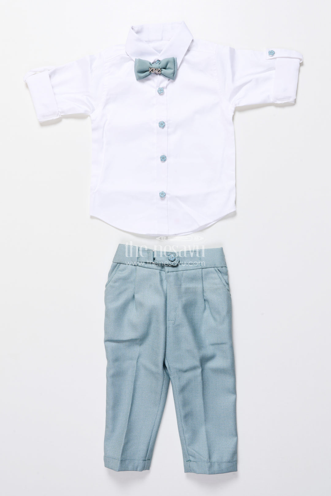 Boys formal cotton outfit with textured jacket and bow tie for special occasions