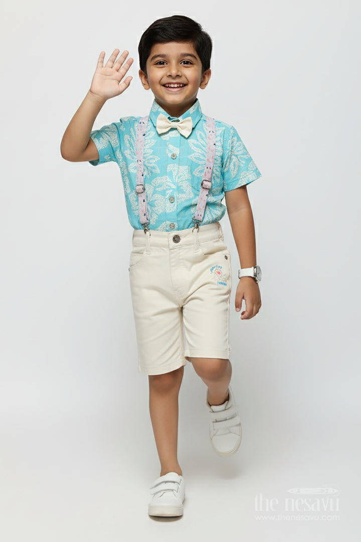 Boys Suspender Outfit Set with Leaf Print for Family Functions and Celebrations