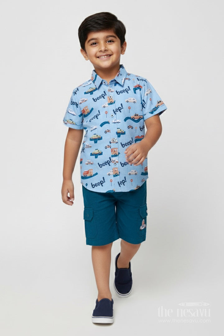Boys Cotton Outfit with Vehicle Print for Daycare and Holiday Fun