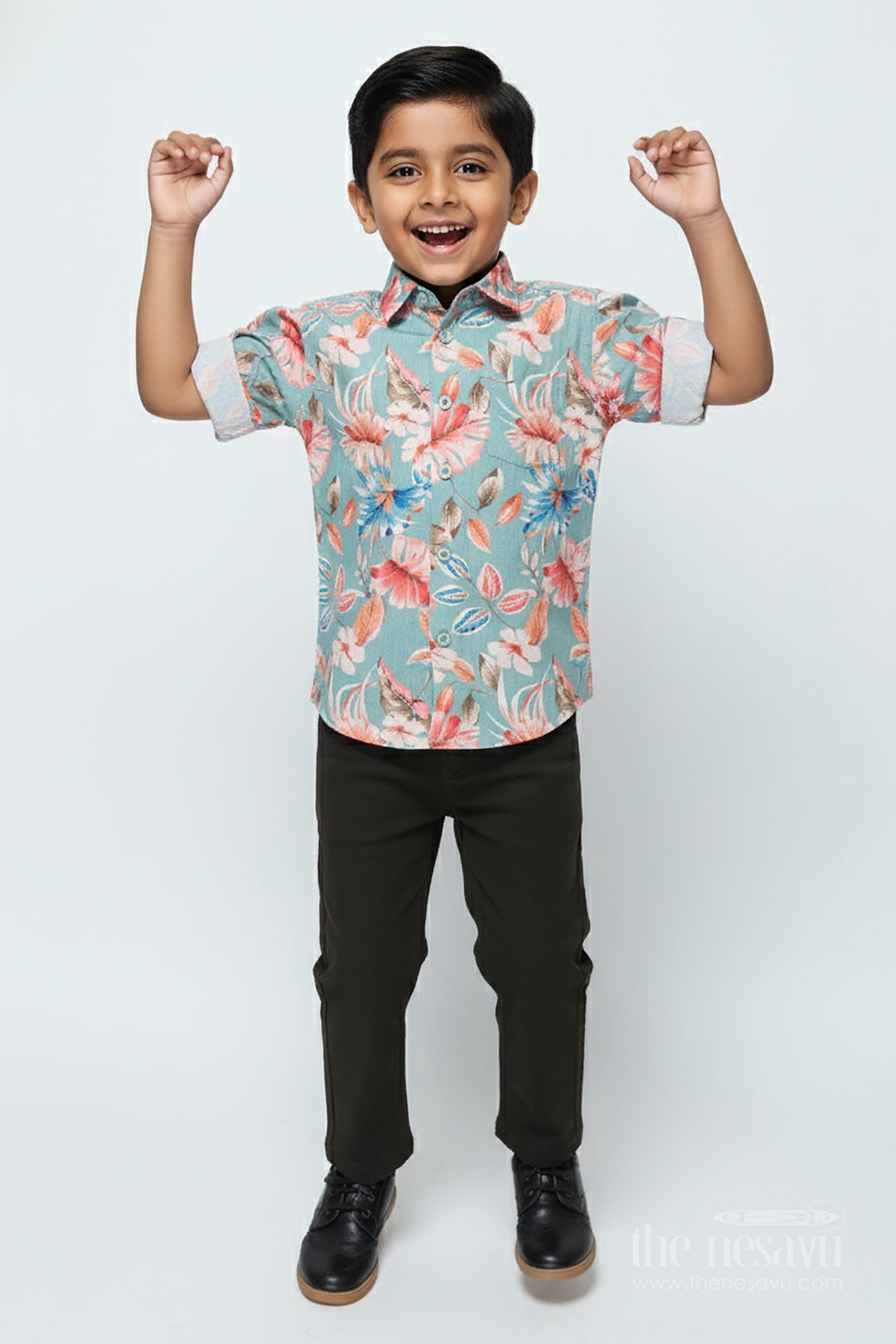 Boys Cotton Shirt Set with Bold Floral Print for Festive Occasions