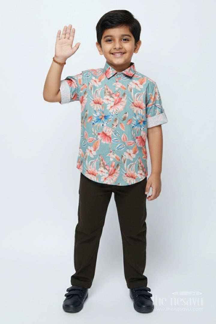 Boys Cotton Shirt Set with Bold Floral Print for Festive Occasions