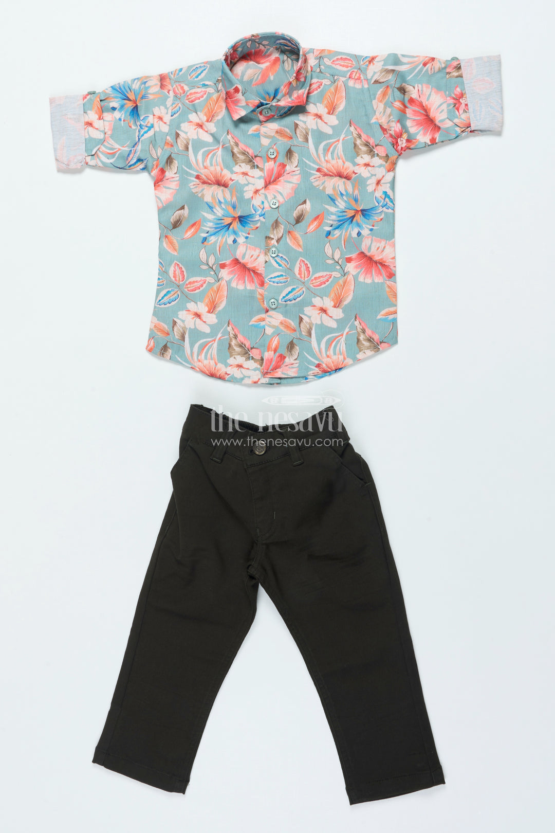 Boys Cotton Shirt Set with Bold Floral Print for Festive Occasions