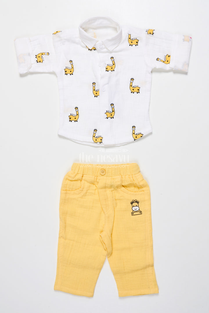 Yellow Baby Boy Casual Set with Printed Muslin Shirt and Pants