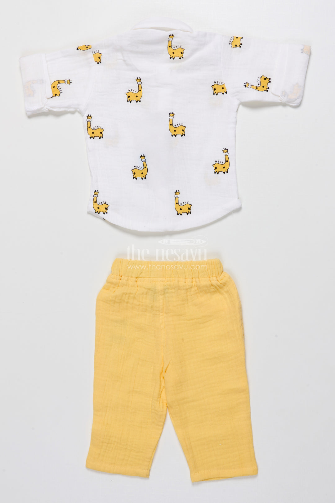 Yellow Baby Boy Casual Set with Printed Muslin Shirt and Pants