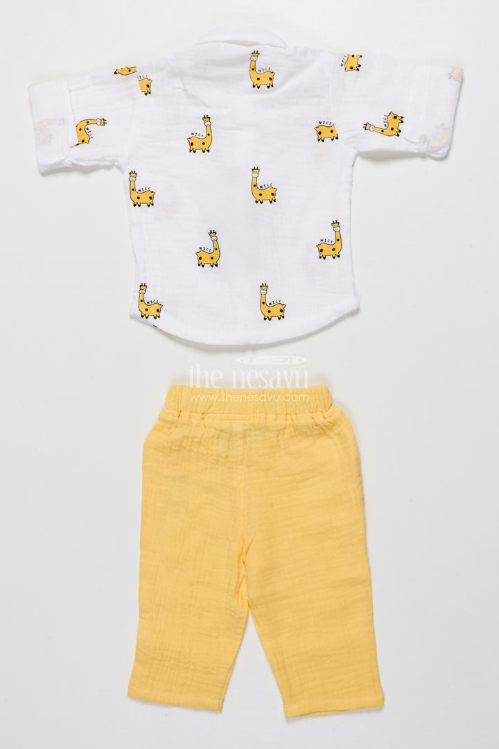 Yellow Baby Boy Casual Set with Printed Muslin Shirt and Pants