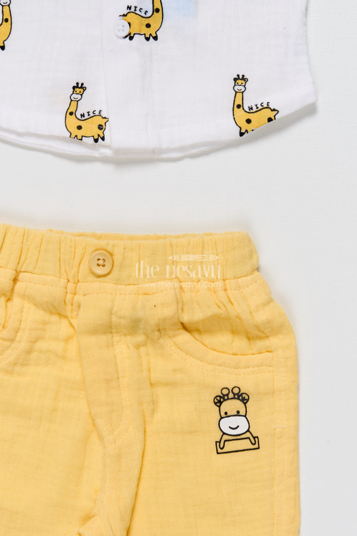 Yellow Baby Boy Casual Set with Printed Muslin Shirt and Pants