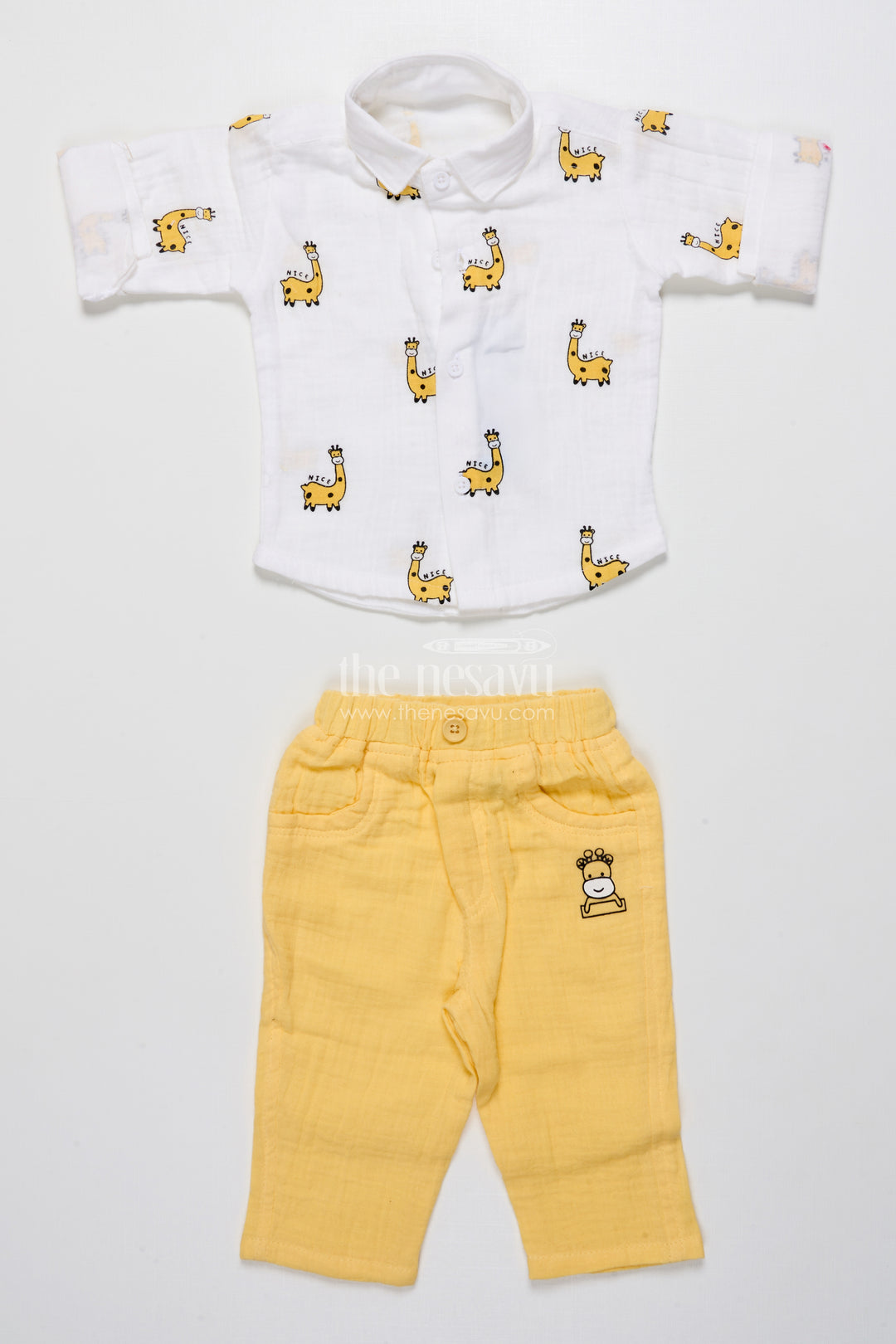 Yellow Baby Boy Casual Set with Printed Muslin Shirt and Pants
