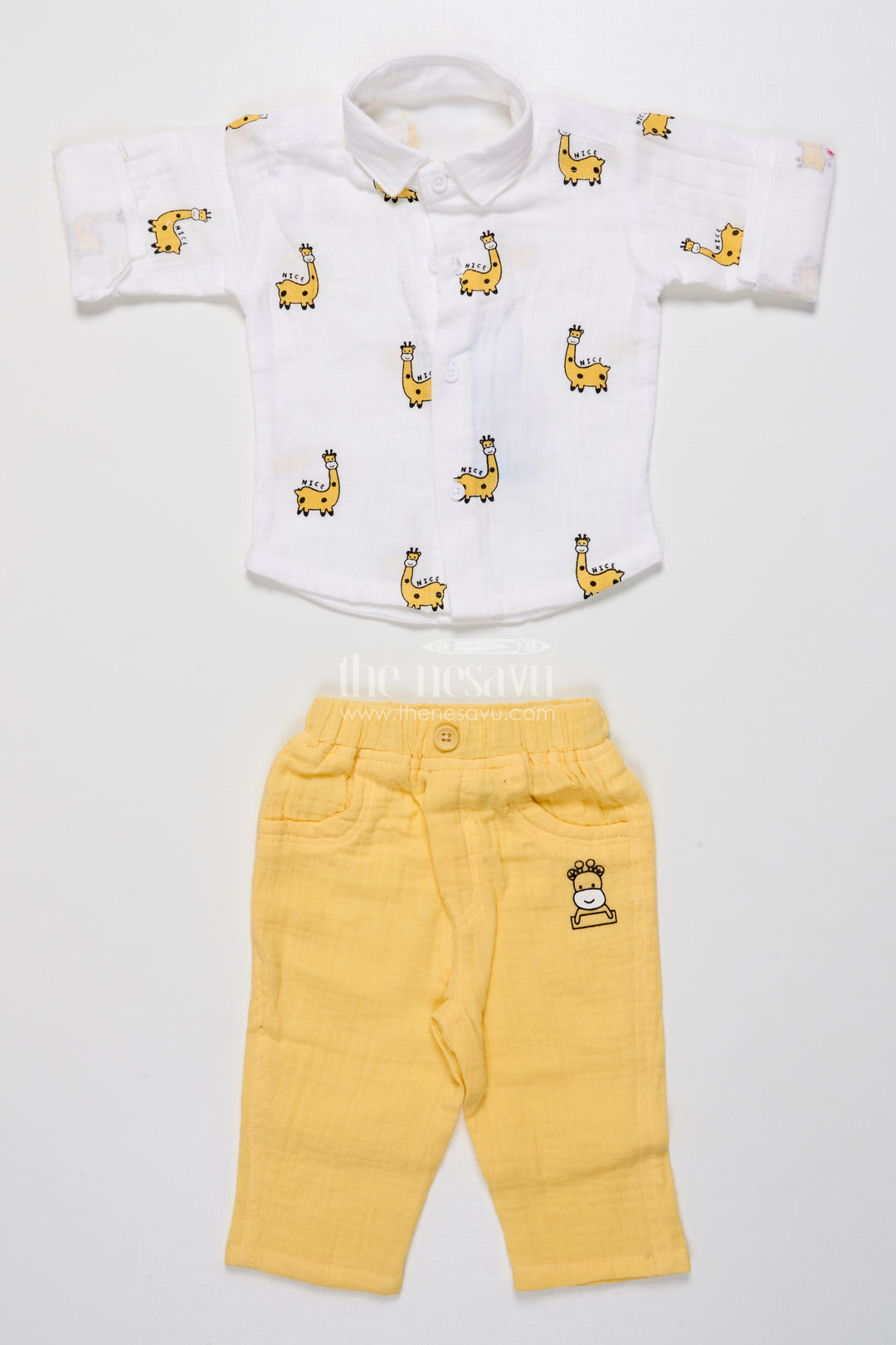 Yellow Baby Boy Casual Set with Printed Muslin Shirt and Pants