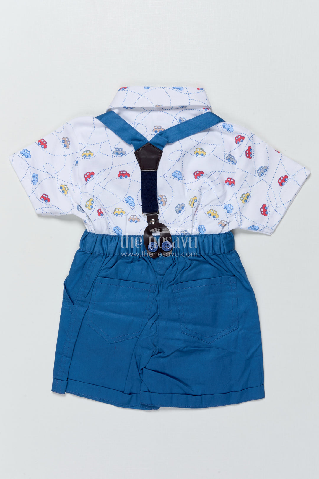 Boys Cotton Suspender Set with Car Print Shirt for Birthdays and Photoshoots