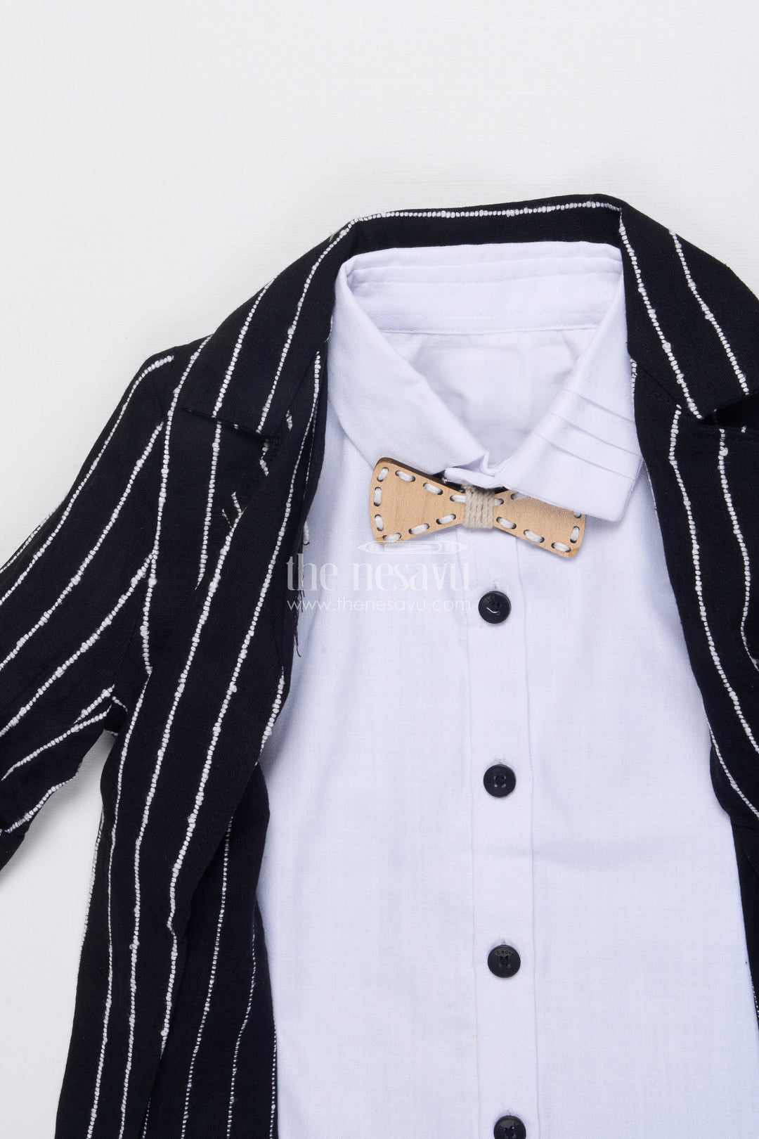 Boys Cotton Stripe Blazer Outfit with Playful Embroidery and Bow Tie