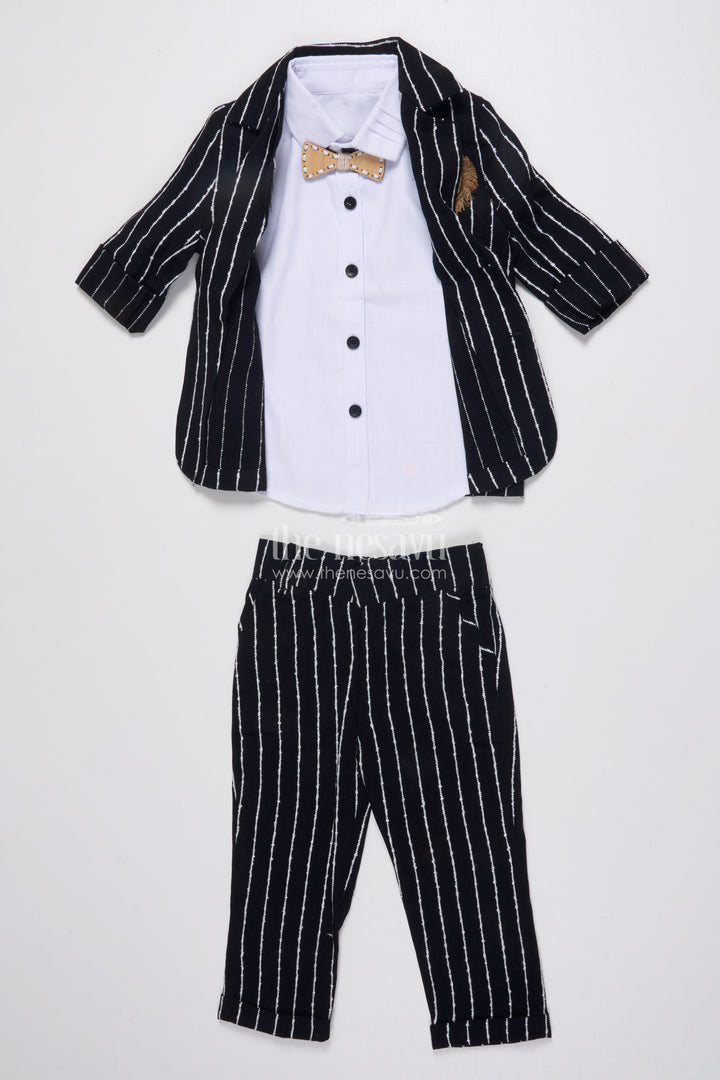 Boys Cotton Stripe Blazer Outfit with Playful Embroidery and Bow Tie