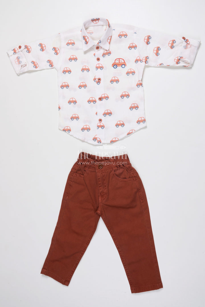 Boys Muslin Cotton Set with Vibrant Vehicle Print Shirt and Solid Pants