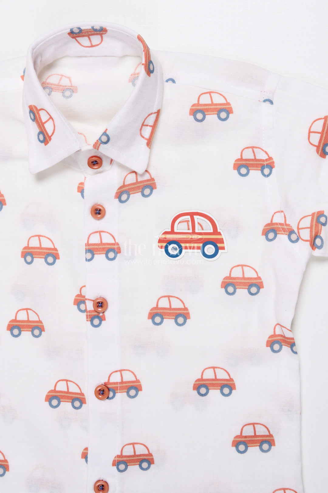 Boys Muslin Cotton Set with Vibrant Vehicle Print Shirt and Solid Pants
