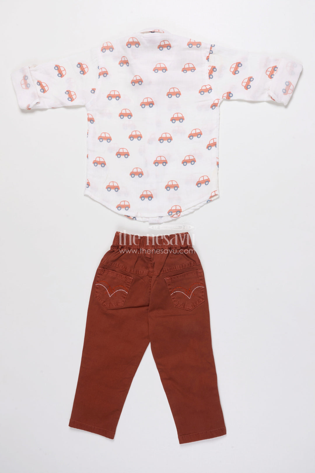 Boys Muslin Cotton Set with Vibrant Vehicle Print Shirt and Solid Pants
