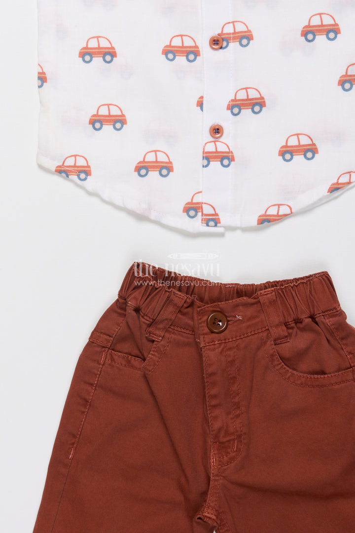 Boys Muslin Cotton Set with Vibrant Vehicle Print Shirt and Solid Pants