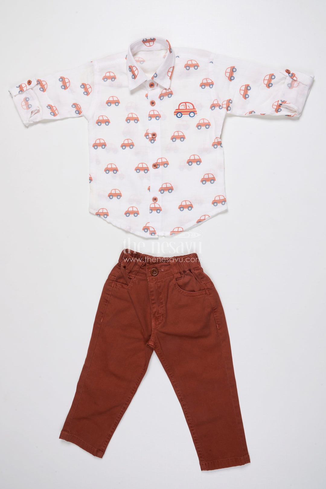 Boys Muslin Cotton Set with Vibrant Vehicle Print Shirt and Solid Pants
