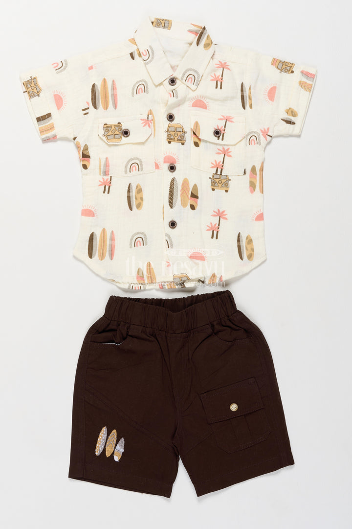 Boys White Coral Beach Print Muslin Cotton Shirt Shorts Set