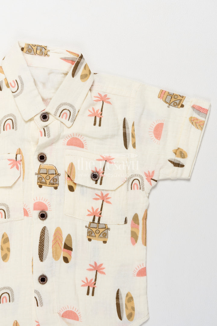 Boys White Coral Beach Print Muslin Cotton Shirt Shorts Set