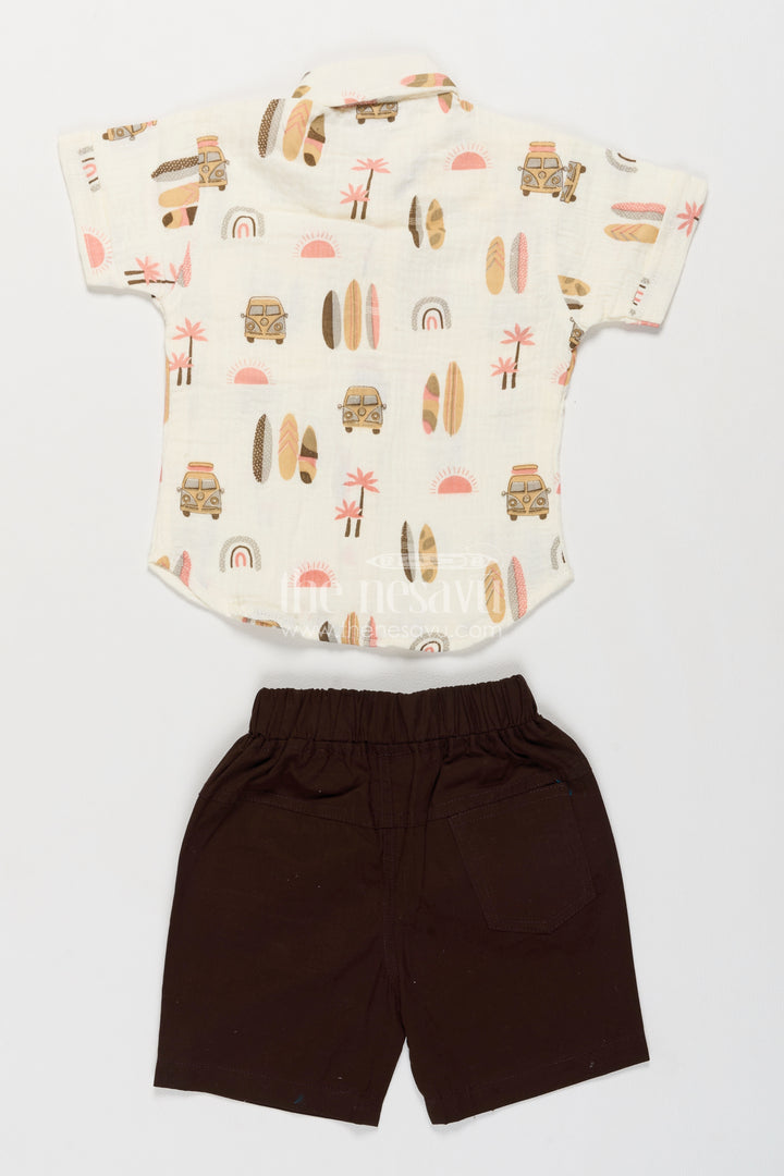 Boys White Coral Beach Print Muslin Cotton Shirt Shorts Set