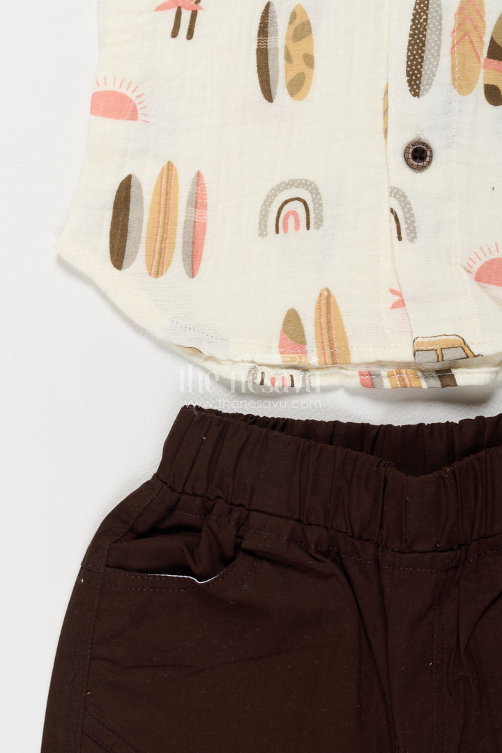 Boys White Coral Beach Print Muslin Cotton Shirt Shorts Set