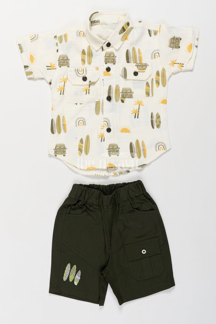 Boys Muslin Cotton Shirt Shorts Set in White with Olive Beach Print