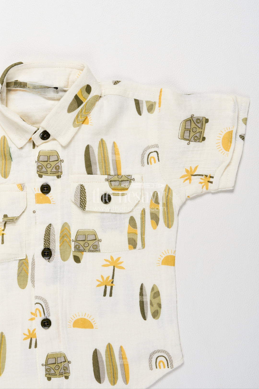 Boys Muslin Cotton Shirt Shorts Set in White with Olive Beach Print