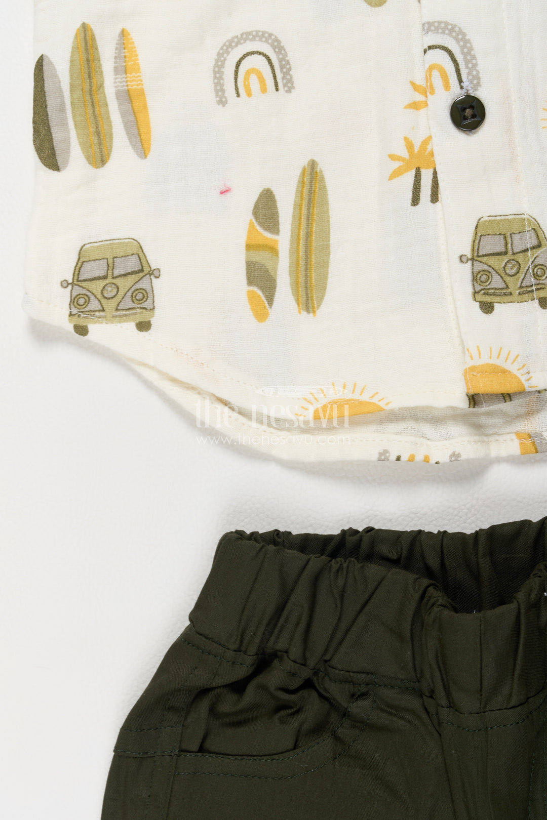 Boys Muslin Cotton Shirt Shorts Set in White with Olive Beach Print