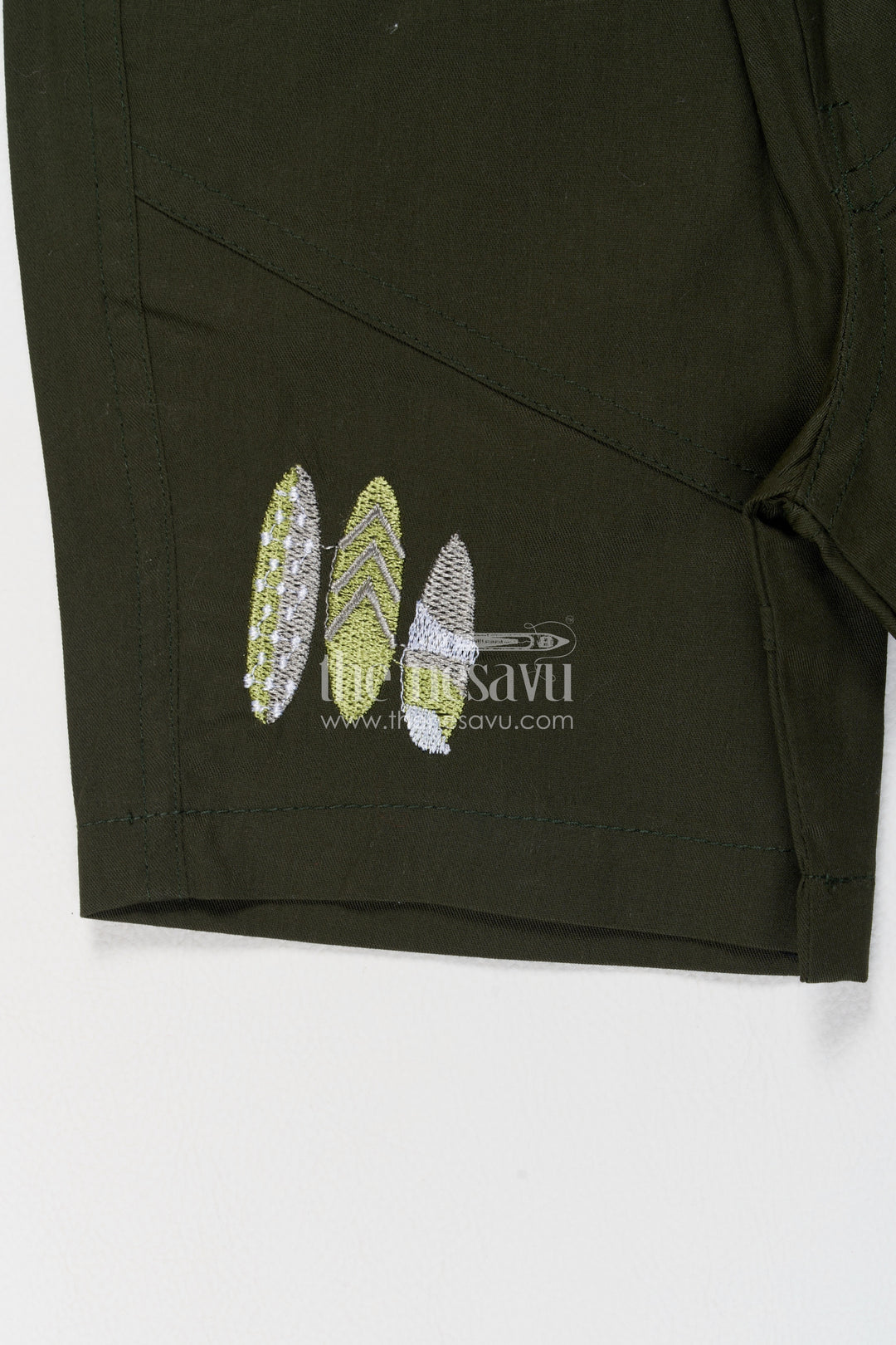 Boys Muslin Cotton Shirt Shorts Set in White with Olive Beach Print