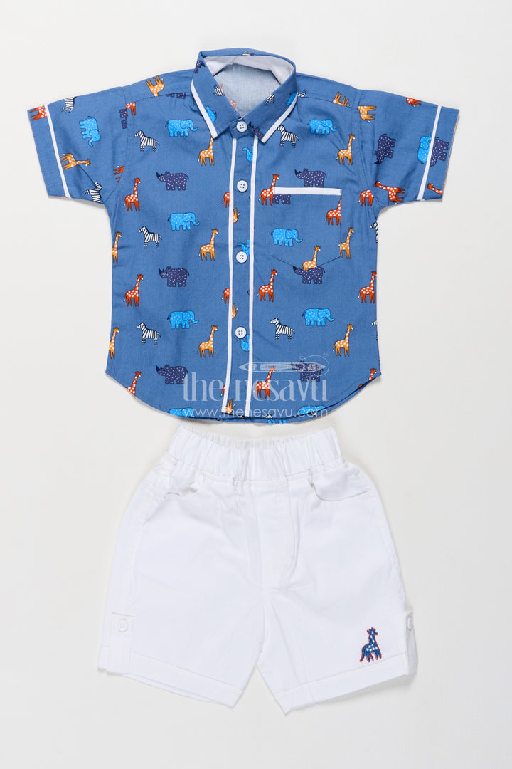 Boys Blue Cotton Colourful Safari Print Shirt Shorts Set