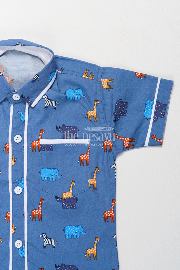 Boys Blue Cotton Colourful Safari Print Shirt Shorts Set
