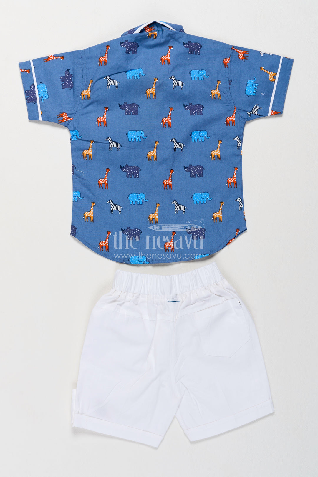 Boys Blue Cotton Colourful Safari Print Shirt Shorts Set