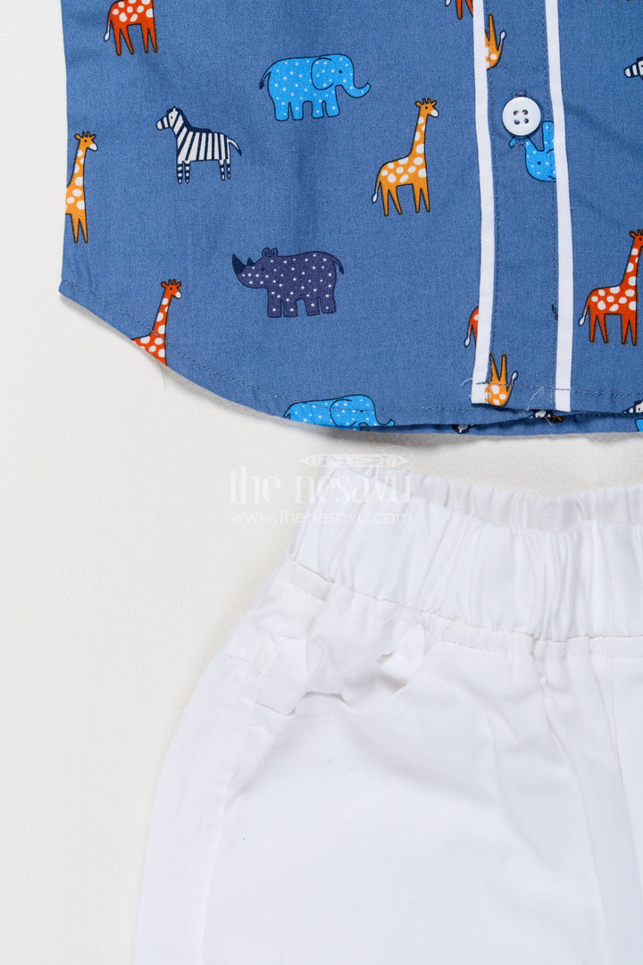 Boys Blue Cotton Colourful Safari Print Shirt Shorts Set
