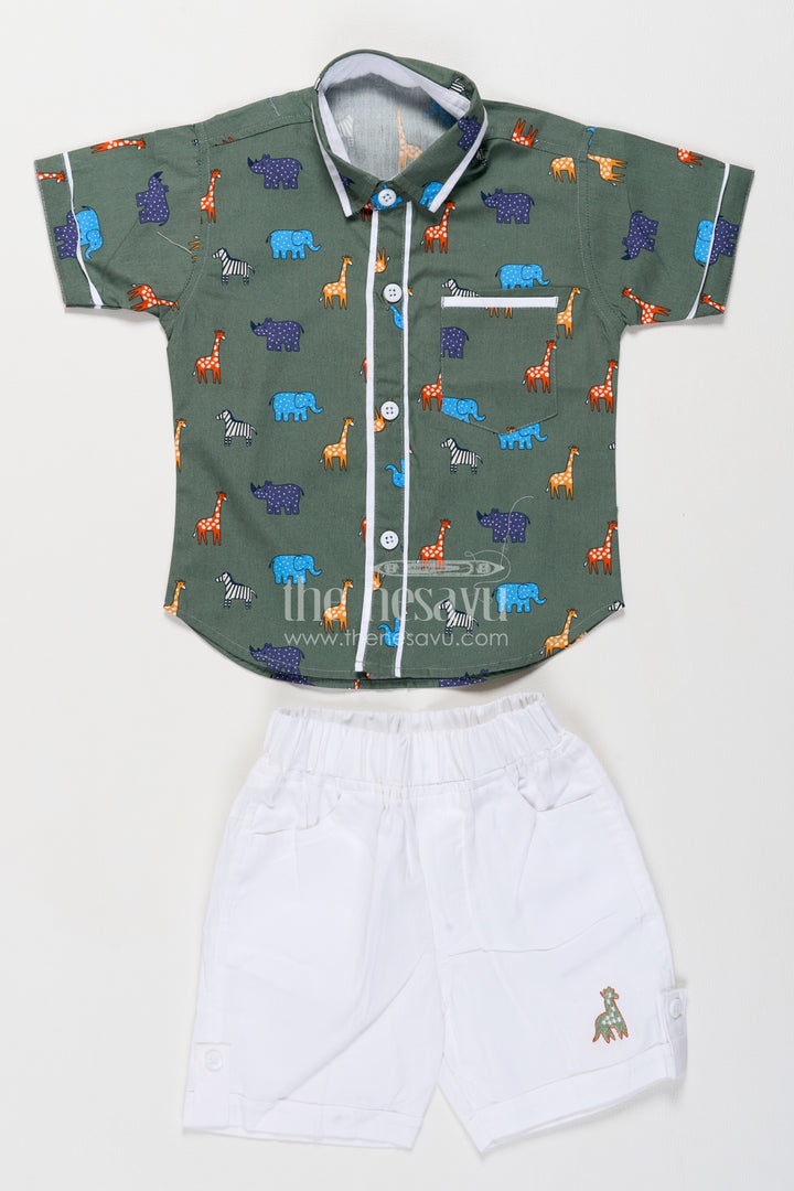 Boys Cotton Shirt Shorts Set in Olive Green with Safari Animal Print