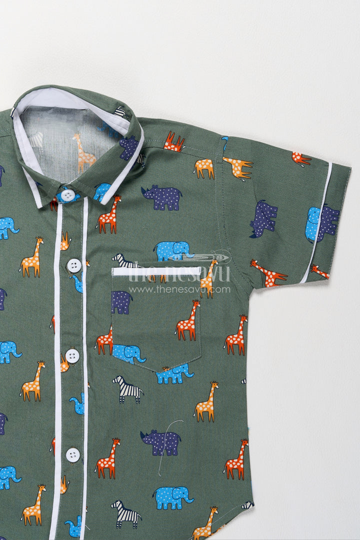 Boys Cotton Shirt Shorts Set in Olive Green with Safari Animal Print