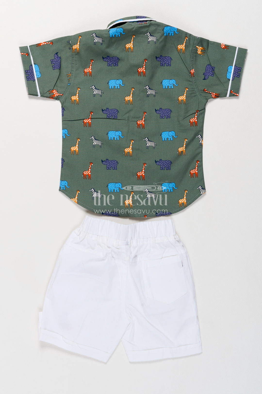 Boys Cotton Shirt Shorts Set in Olive Green with Safari Animal Print