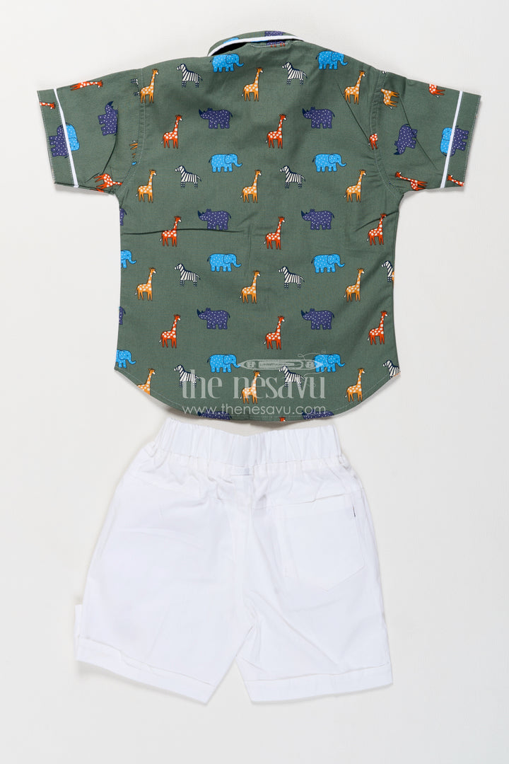Boys Cotton Shirt Shorts Set in Olive Green with Safari Animal Print