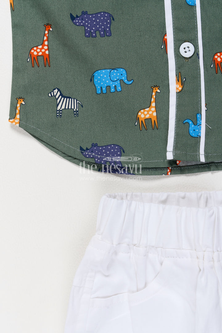 Boys Cotton Shirt Shorts Set in Olive Green with Safari Animal Print