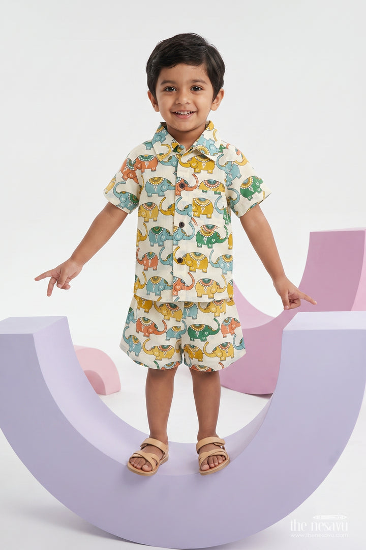 Boys Cotton Shirt and Shorts Set with Elephant Detailing in Cream