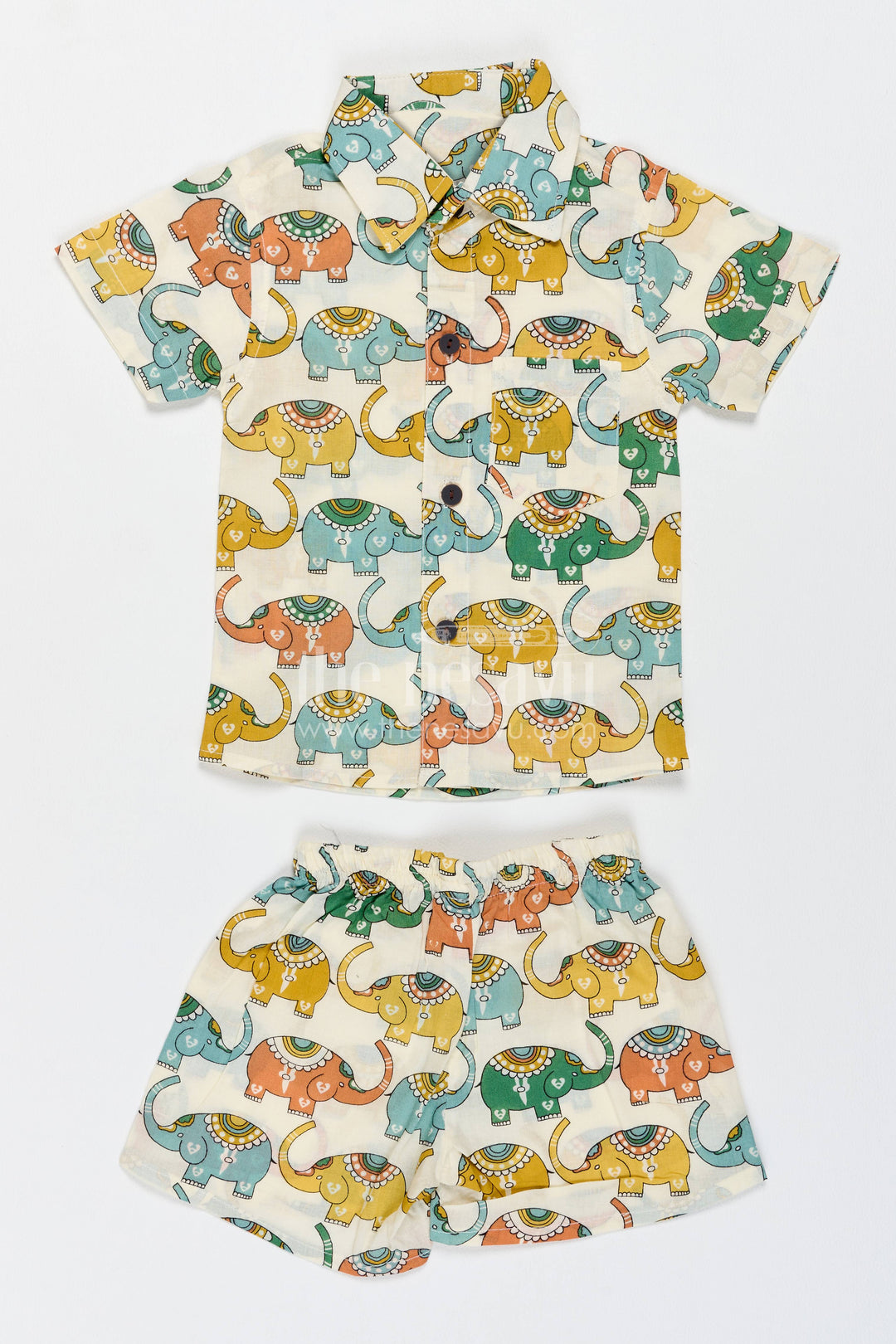 Boys Cotton Shirt and Shorts Set with Elephant Detailing in Cream