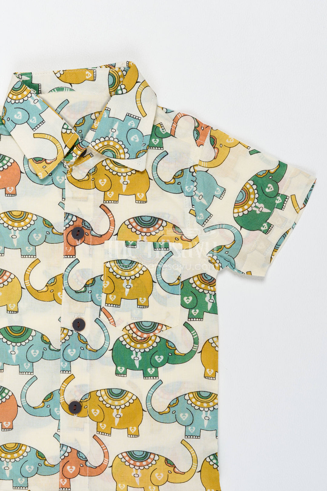 Boys Cotton Shirt and Shorts Set with Elephant Detailing in Cream