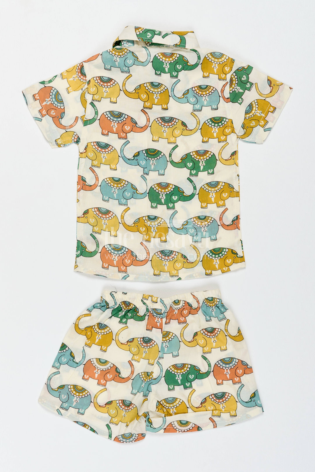 Boys Cotton Shirt and Shorts Set with Elephant Detailing in Cream